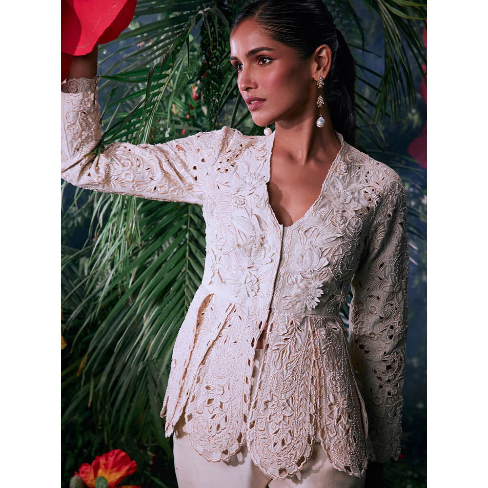 CHANDRIMA Ivory Chanderi Embroidered Full Sleeves V-Neck Bead Work Jacket