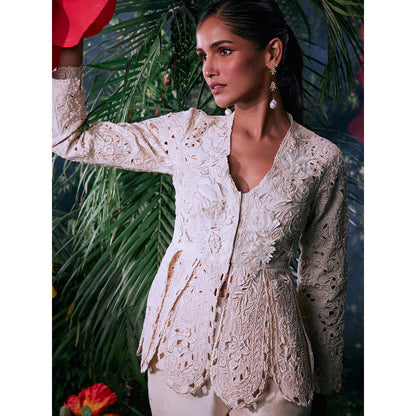 CHANDRIMA Ivory Chanderi Embroidered Full Sleeves V-Neck Bead Work Jacket