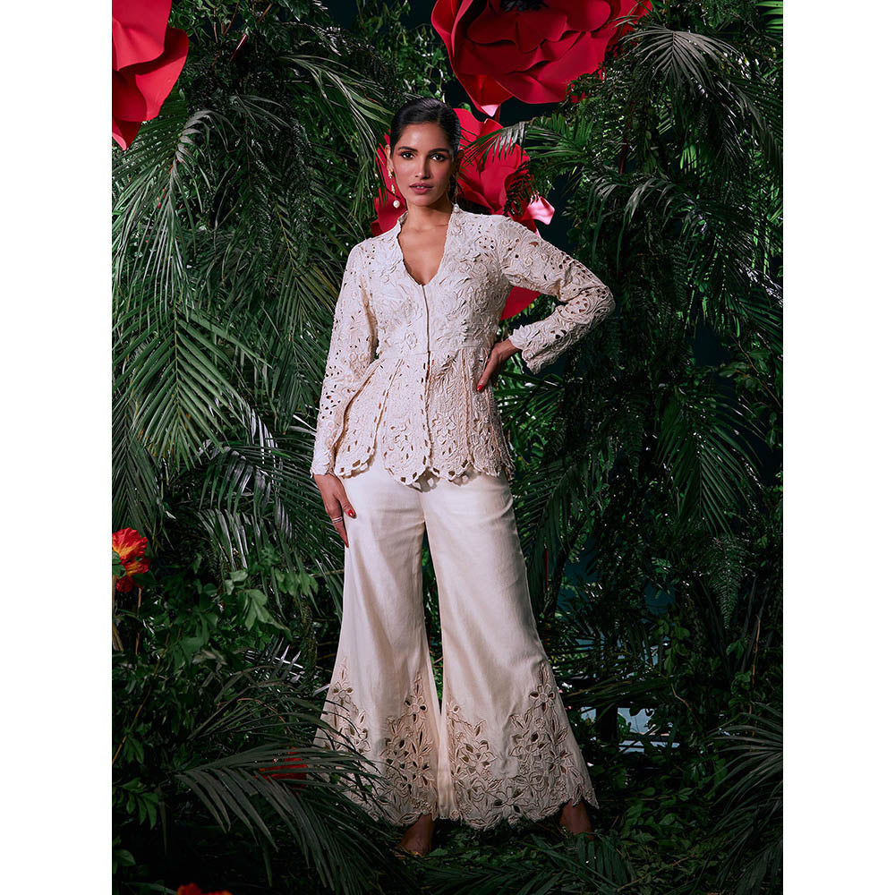 CHANDRIMA Ivory Chanderi Embroidered Full Sleeves V-Neck Bead Work Jacket