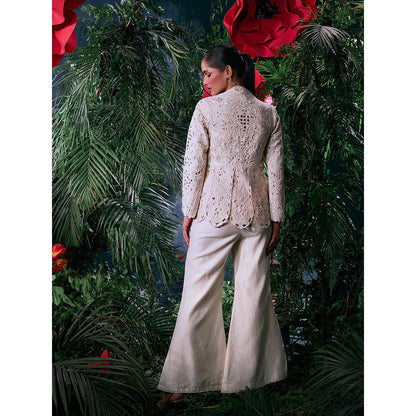 CHANDRIMA Ivory Chanderi Embroidered Full Sleeves V-Neck Bead Work Jacket