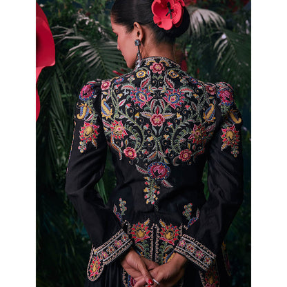 CHANDRIMA Black Chanderi Embroidered Full Sleeves V-Neck Bead Work Jacket