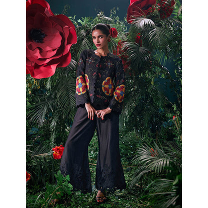 CHANDRIMA Black Chanderi Floral Full Sleeves Round Neck Bead Work Jacket