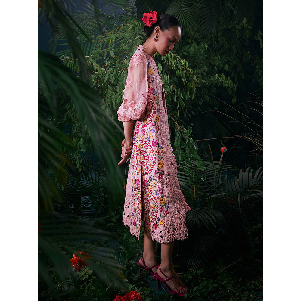 CHANDRIMA Pink Cotton Floral Sleeveless Bead Work Jacket