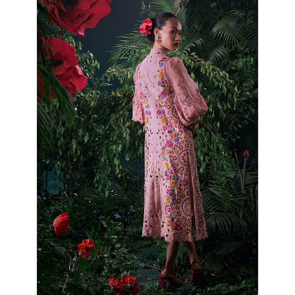 CHANDRIMA Pink Cotton Floral Sleeveless Bead Work Jacket