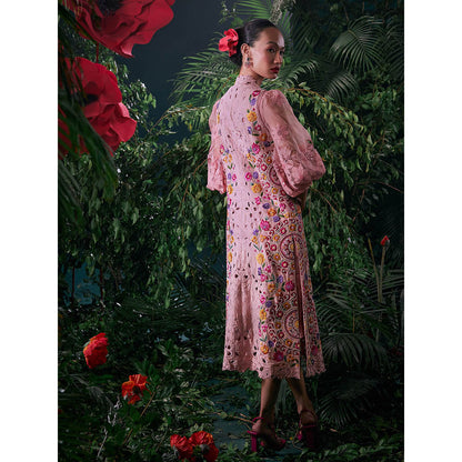 CHANDRIMA Pink Cotton Floral Sleeveless Bead Work Jacket