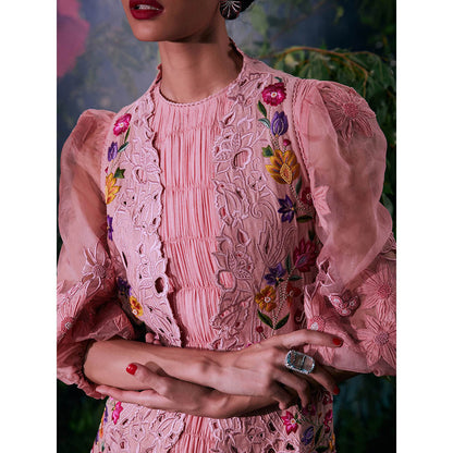 CHANDRIMA Pink Cotton Floral Sleeveless Bead Work Jacket