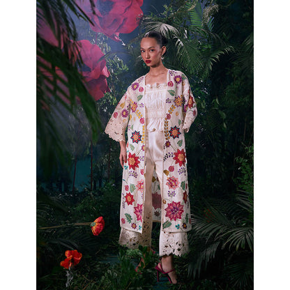 CHANDRIMA Ivory Organza Floral Three Fourth Sleeves Bead Work Jacket