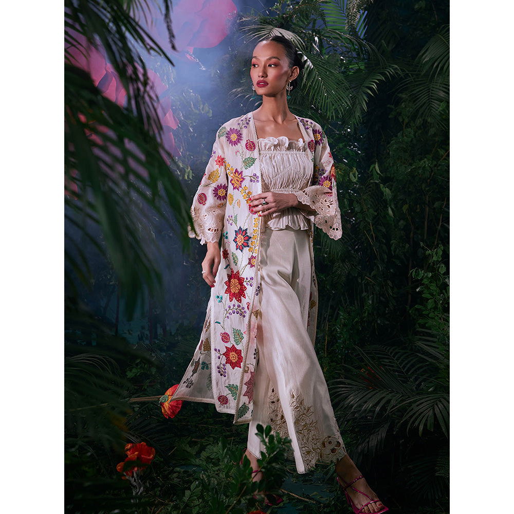 CHANDRIMA Ivory Organza Floral Three Fourth Sleeves Bead Work Jacket