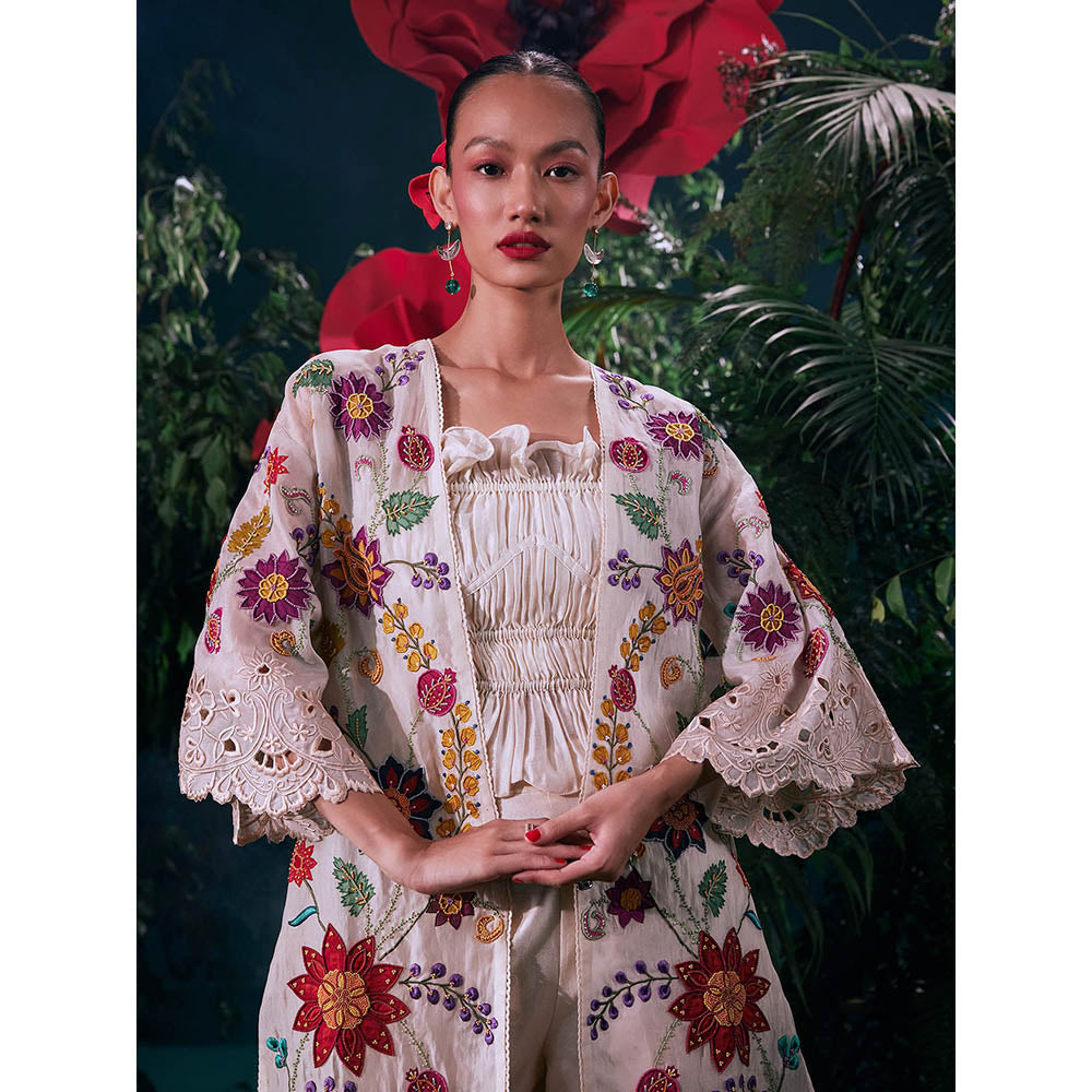 CHANDRIMA Ivory Organza Floral Three Fourth Sleeves Bead Work Jacket