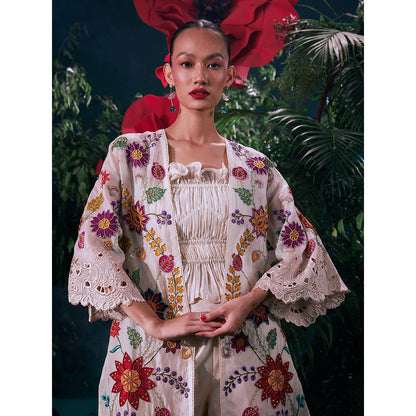 CHANDRIMA Ivory Organza Floral Three Fourth Sleeves Bead Work Jacket