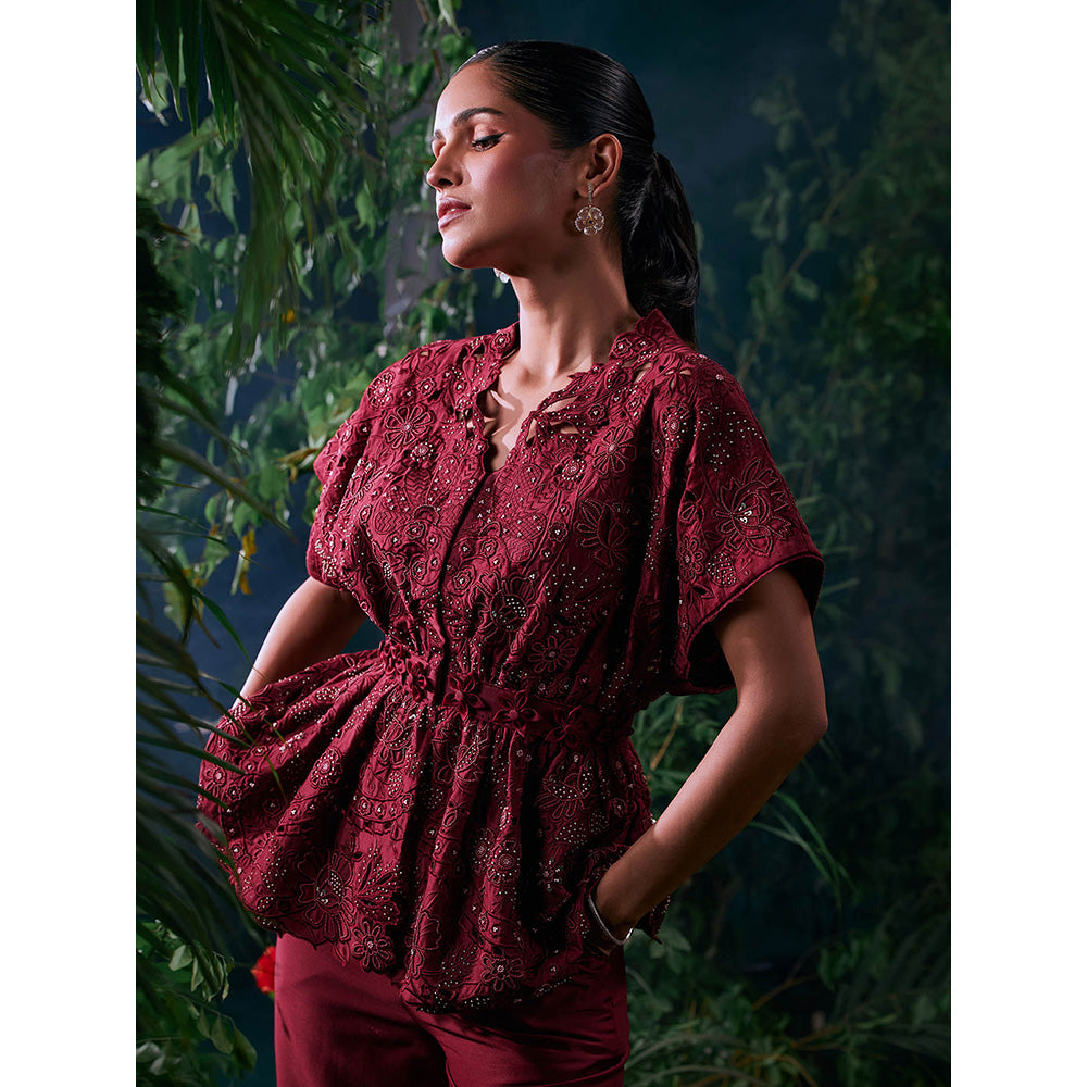 CHANDRIMA Wine Chanderi Embroidered Half Sleeves V-Neck Bead Work Jacket