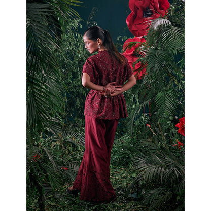 CHANDRIMA Wine Chanderi Embroidered Half Sleeves V-Neck Bead Work Jacket