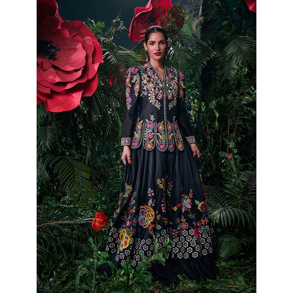 CHANDRIMA Black Chanderi Floral Bead Work Skirt