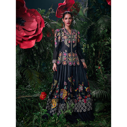 CHANDRIMA Black Chanderi Floral Bead Work Skirt