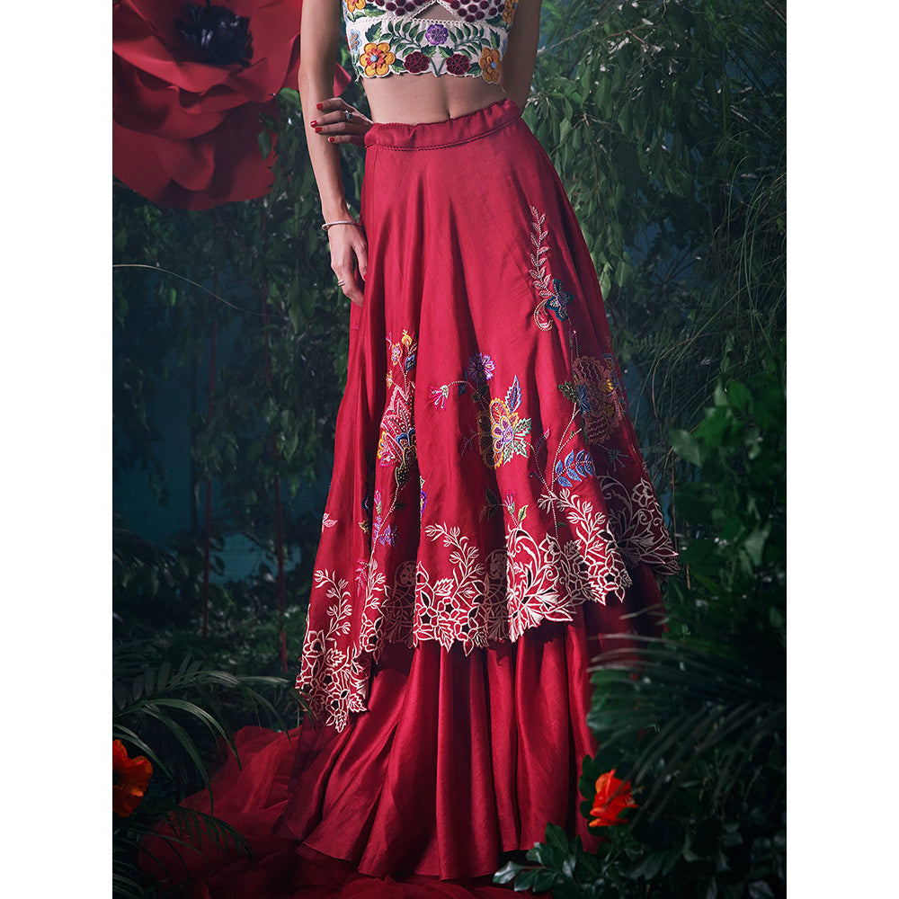 CHANDRIMA Red Chanderi Floral Bead Work Skirt