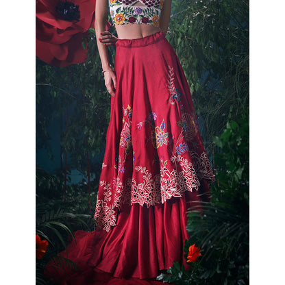 CHANDRIMA Red Chanderi Floral Bead Work Skirt