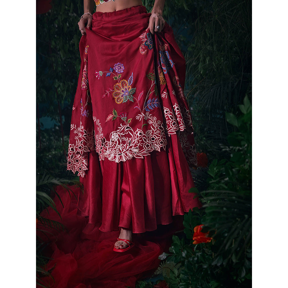 CHANDRIMA Red Chanderi Floral Bead Work Skirt
