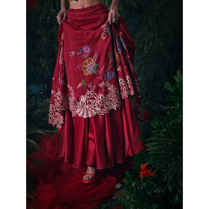 CHANDRIMA Red Chanderi Floral Bead Work Skirt