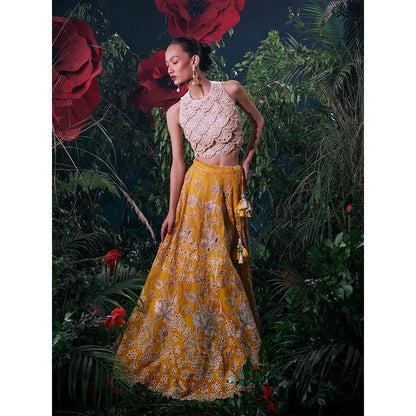 CHANDRIMA Yellow Organza Floral Bead Work Skirt