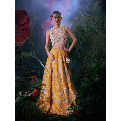 CHANDRIMA Yellow Organza Floral Bead Work Skirt