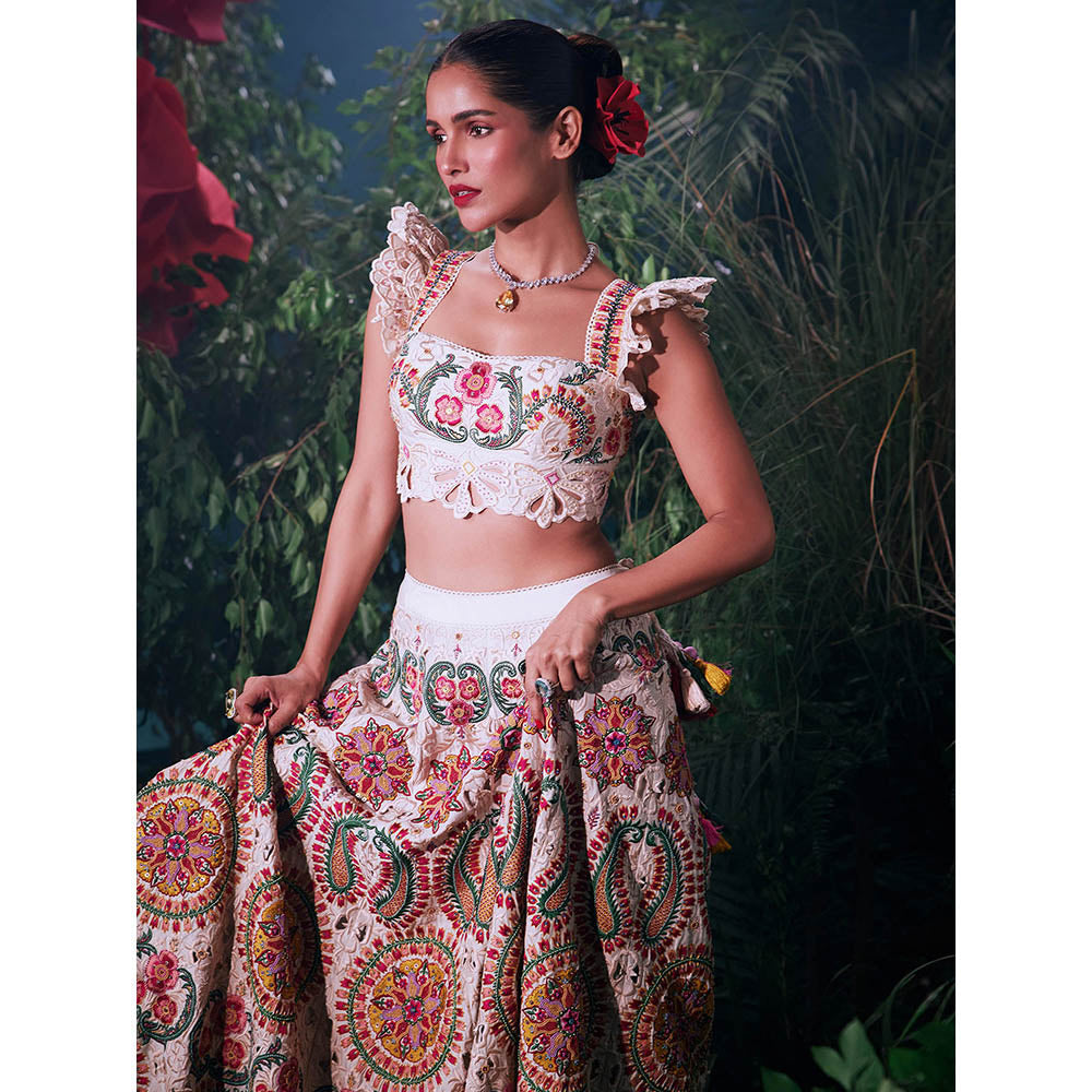 CHANDRIMA Ivory Chanderi Floral Bead Work Skirt