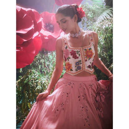 CHANDRIMA Pink Chanderi Embroidered Bead Work Skirt