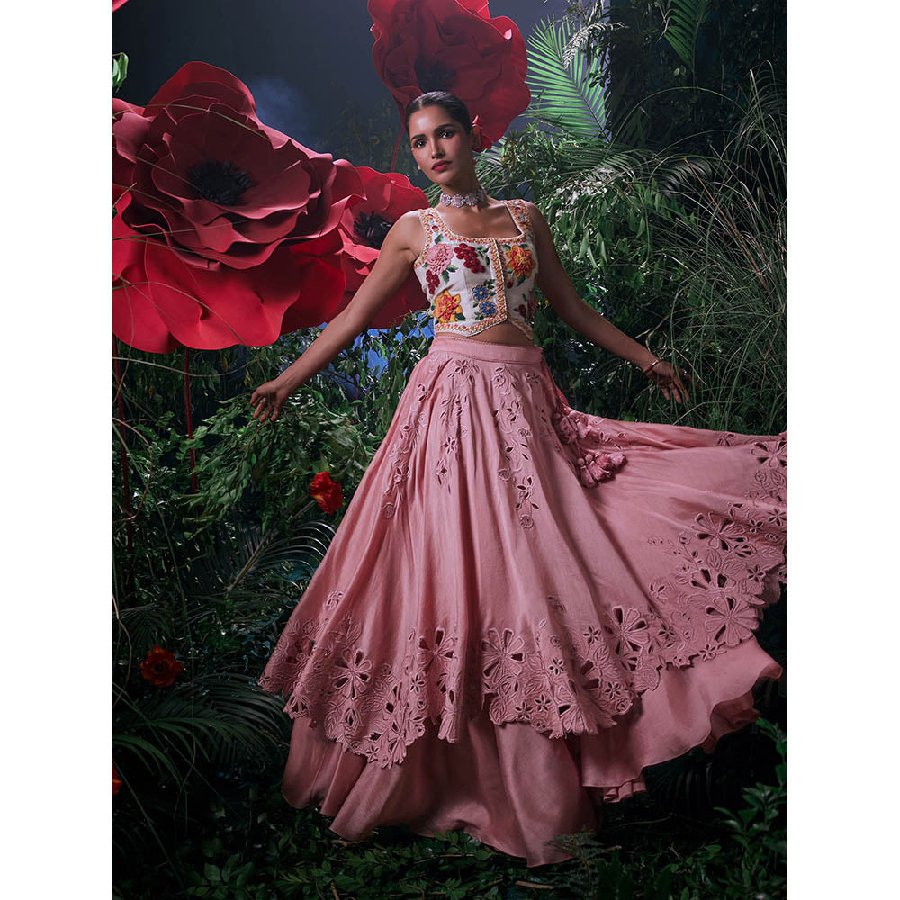 CHANDRIMA Pink Chanderi Embroidered Bead Work Skirt