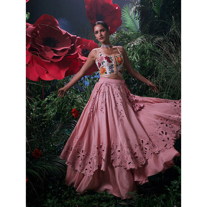 CHANDRIMA Pink Chanderi Embroidered Bead Work Skirt