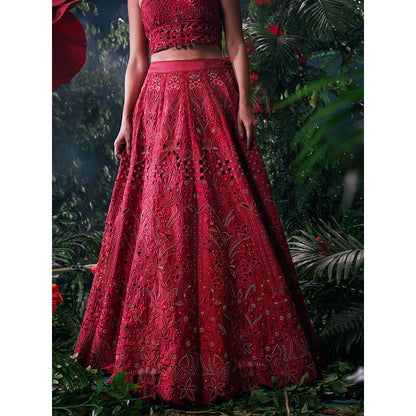 CHANDRIMA Red Chanderi Embroidered Bead Work Skirt