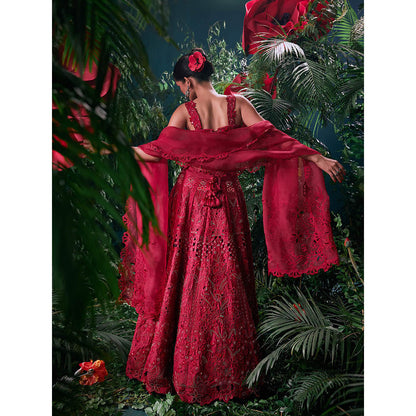 CHANDRIMA Red Chanderi Embroidered Bead Work Skirt