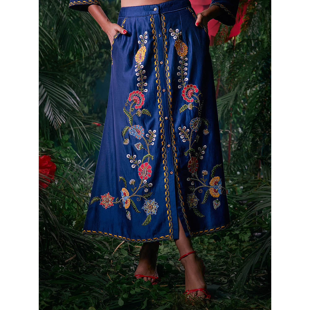 CHANDRIMA Navy Blue Chanderi Floral Bead Work Skirt