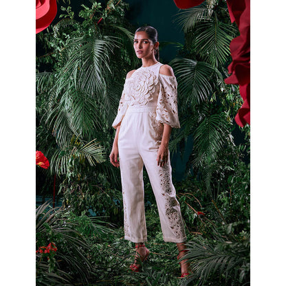 CHANDRIMA Ivory Chanderi Floral Balloon Sleeve Crew Neck Thread Work Jumpsuit