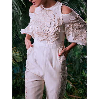 CHANDRIMA Ivory Chanderi Floral Balloon Sleeve Crew Neck Thread Work Jumpsuit