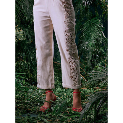 CHANDRIMA Ivory Chanderi Floral Balloon Sleeve Crew Neck Thread Work Jumpsuit