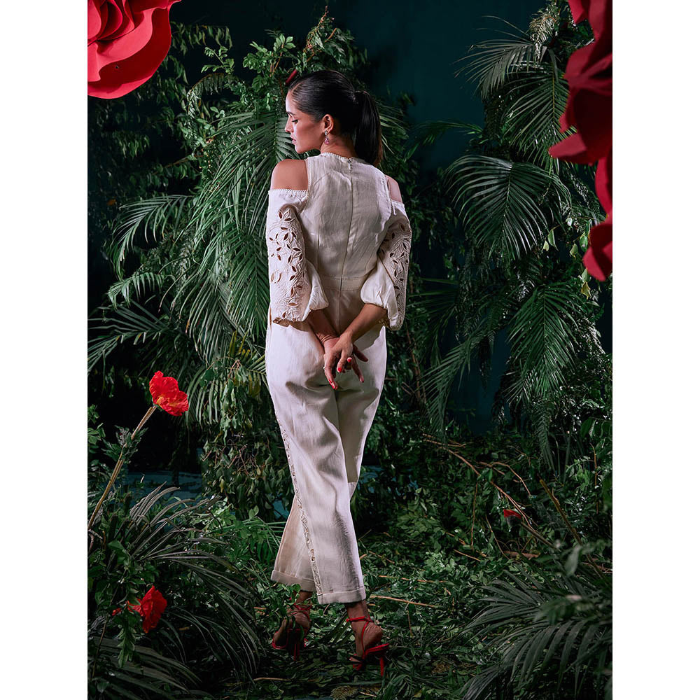 CHANDRIMA Ivory Chanderi Floral Balloon Sleeve Crew Neck Thread Work Jumpsuit