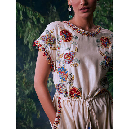 CHANDRIMA Ivory Chanderi Floral Half Sleeves Round Neck Bead Work Jumpsuit