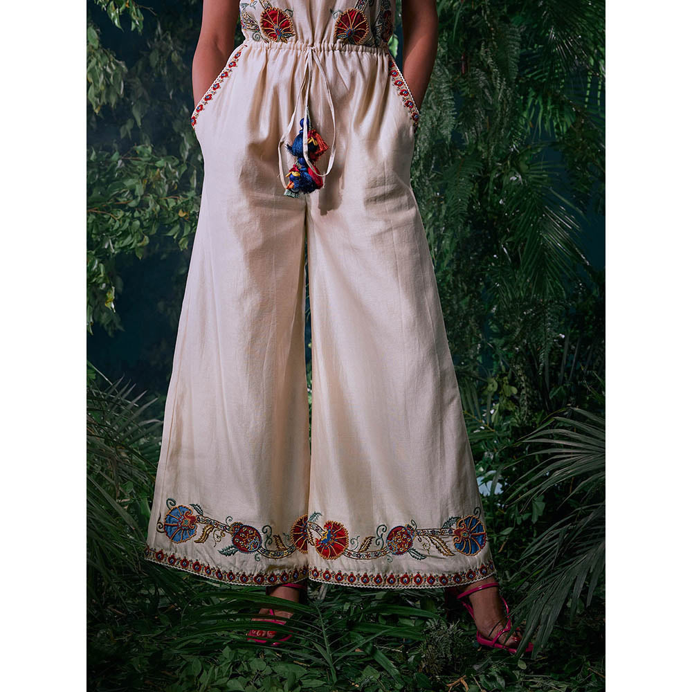 CHANDRIMA Ivory Chanderi Floral Half Sleeves Round Neck Bead Work Jumpsuit