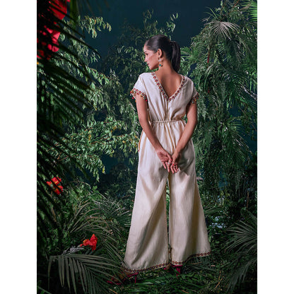 CHANDRIMA Ivory Chanderi Floral Half Sleeves Round Neck Bead Work Jumpsuit