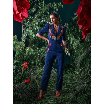 CHANDRIMA Navy Blue Cotton Floral Puff Sleeves Notched Lapel Bead Work Jumpsuit
