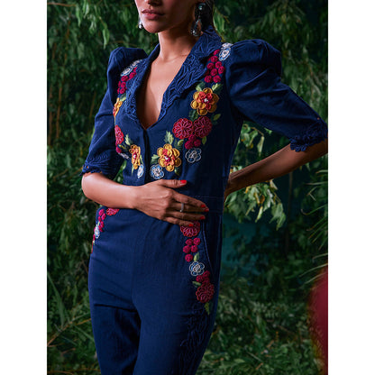 CHANDRIMA Navy Blue Cotton Floral Puff Sleeves Notched Lapel Bead Work Jumpsuit