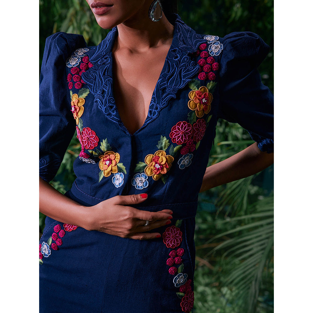 CHANDRIMA Navy Blue Cotton Floral Puff Sleeves Notched Lapel Bead Work Jumpsuit