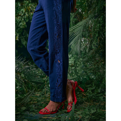 CHANDRIMA Navy Blue Cotton Floral Puff Sleeves Notched Lapel Bead Work Jumpsuit