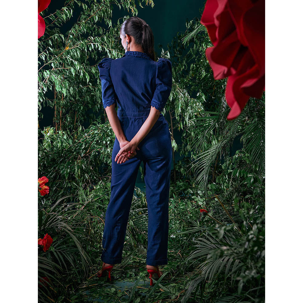 CHANDRIMA Navy Blue Cotton Floral Puff Sleeves Notched Lapel Bead Work Jumpsuit