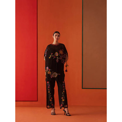 CHANDRIMA Black Georgette Floral Flared Sleeves Round Neck Bead Work Kaftan