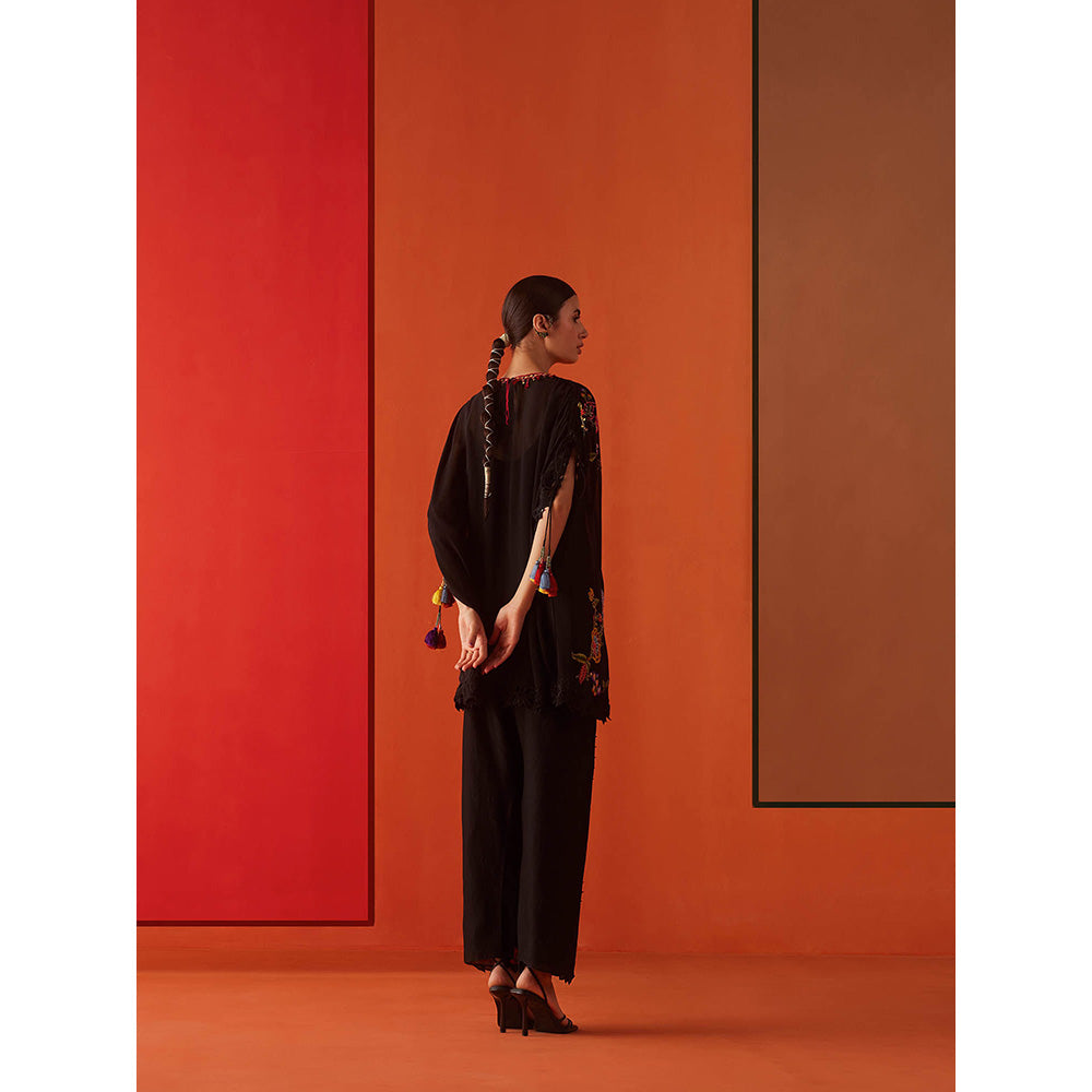 CHANDRIMA Black Georgette Floral Flared Sleeves Round Neck Bead Work Kaftan