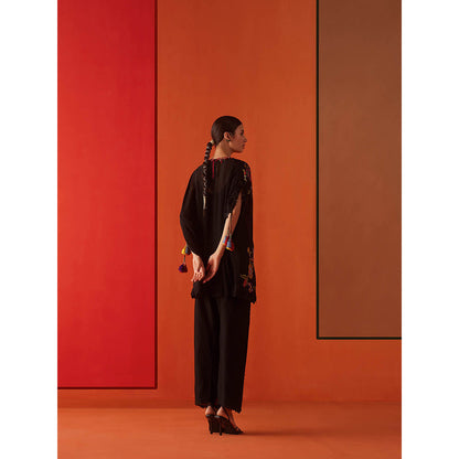 CHANDRIMA Black Georgette Floral Flared Sleeves Round Neck Bead Work Kaftan