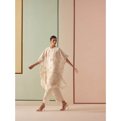 CHANDRIMA Ivory Organza Floral Flared Sleeves Round Neck Bead Work Kaftan