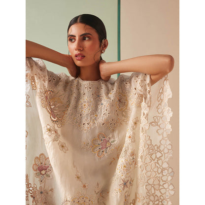 CHANDRIMA Ivory Organza Floral Flared Sleeves Round Neck Bead Work Kaftan