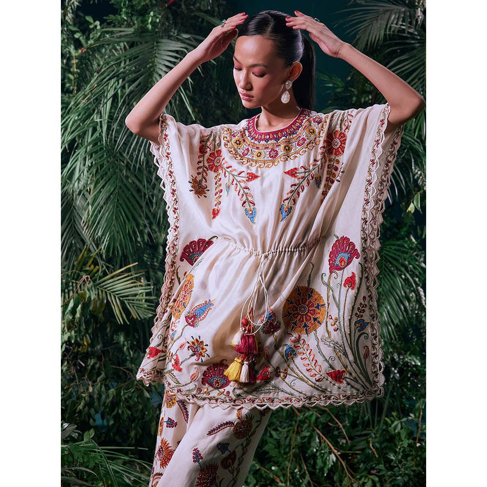 CHANDRIMA Ivory Chanderi Floral Flared Sleeves Round Neck Bead Work Kaftan