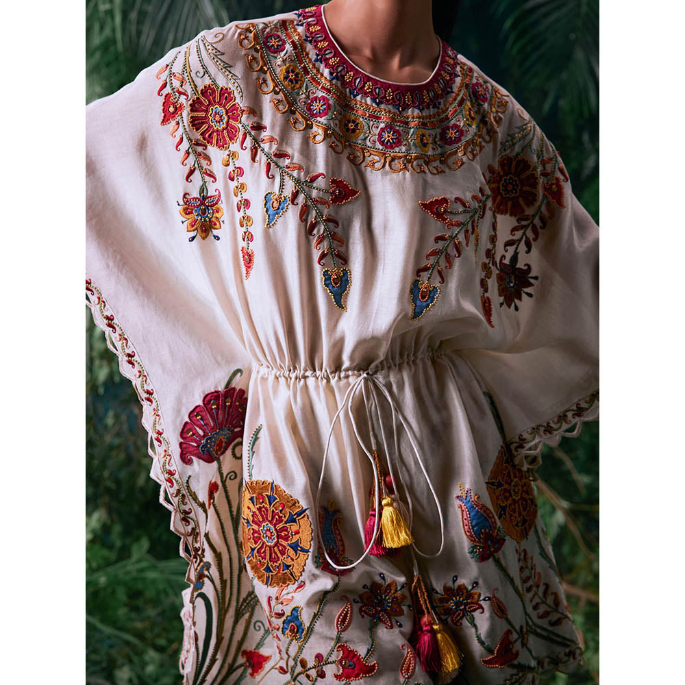 CHANDRIMA Ivory Chanderi Floral Flared Sleeves Round Neck Bead Work Kaftan